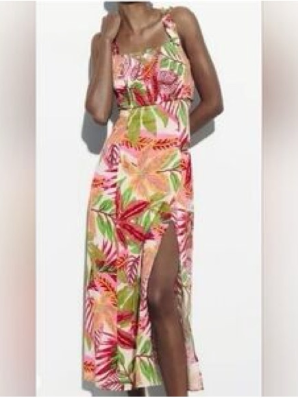 Zara Pink & Green Tropical Print Maxi Dress With Thigh Slit